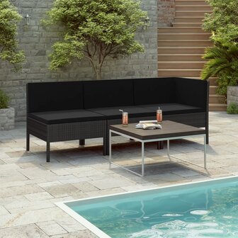 3-delige Loungeset met kussens poly rattan zwart 1