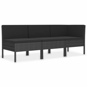 3-delige Loungeset met kussens poly rattan zwart 2