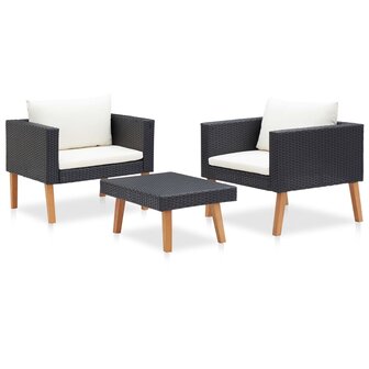 3-delige Loungeset met kussens poly rattan zwart 3