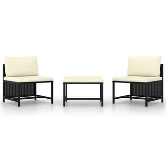 3-delige Loungeset met kussens poly rattan zwart 1