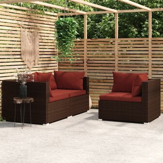 3-delige Loungeset met kussens poly rattan bruin 1