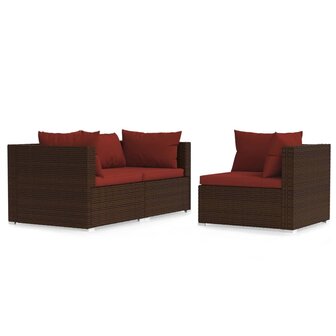 3-delige Loungeset met kussens poly rattan bruin 2