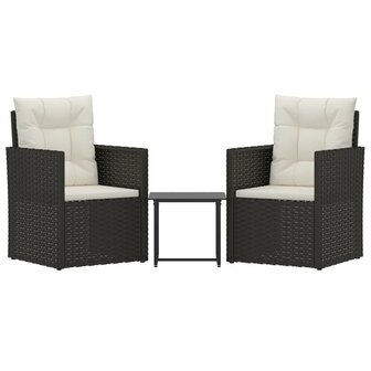 3-delige Loungeset met kussens poly rattan zwart 2