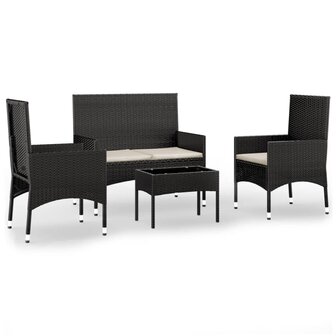 4-delige Loungeset met kussens poly rattan zwart 2