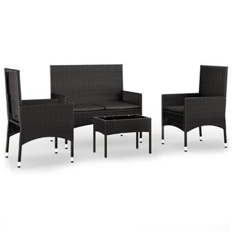 4-delige Loungeset met kussens poly rattan zwart 2