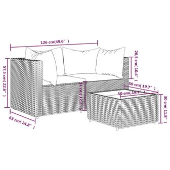 3-delige Loungeset met kussens poly rattan bruin 11