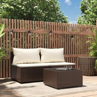 3-delige Loungeset met kussens poly rattan bruin 1