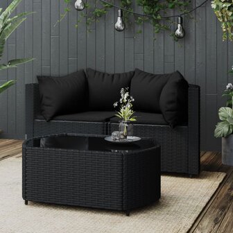 3-delige Loungeset met kussens poly rattan zwart 1