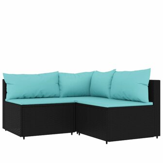 3-delige Loungeset met kussens poly rattan zwart 2