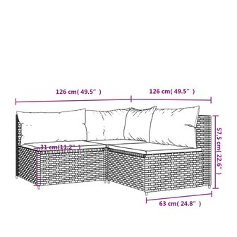 3-delige Loungeset met kussens poly rattan zwart 9