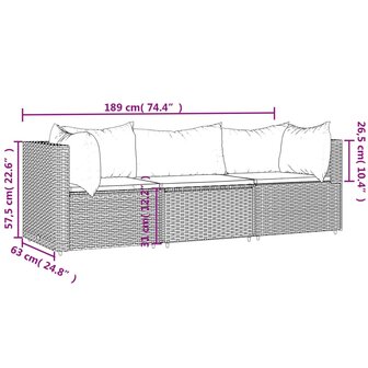 3-delige Loungeset met kussens poly rattan grijs 9