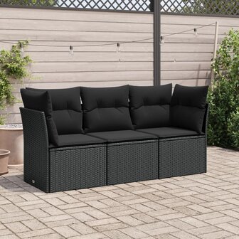 3-delige Loungeset met kussens poly rattan zwart 1