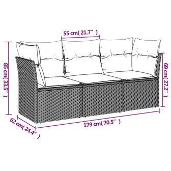 3-delige Loungeset met kussens poly rattan zwart 3