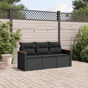 3-delige Loungeset met kussens poly rattan zwart 1