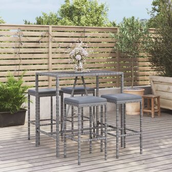 5-delige Tuinbarset met kussens poly rattan grijs 1