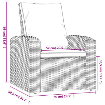 Tuinstoel verstelbaar met kussens poly rattan grijs 10