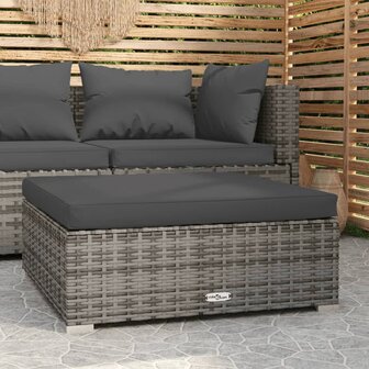 Tuinvoetenbank met kussen 70x70x30 cm poly rattan grijs 1