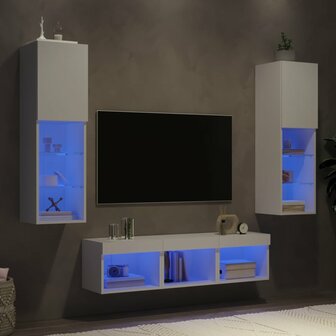 5-delige Tv-wandmeubelset met LED-verlichting bewerkt hout wit 1