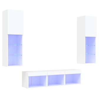 5-delige Tv-wandmeubelset met LED-verlichting bewerkt hout wit 2