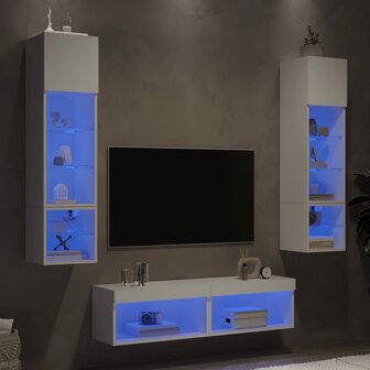 6-delige Tv-wandmeubelset met LED-verlichting bewerkt hout wit 1