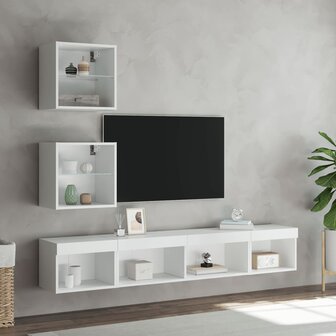 5-delige Tv-wandmeubelset met LED-verlichting bewerkt hout wit 3