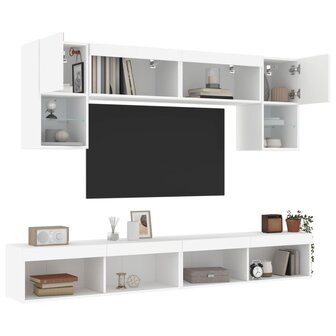 6-delige Tv-wandmeubelset met LED-verlichting bewerkt hout wit 1