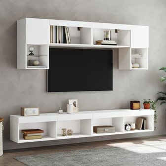 6-delige Tv-wandmeubelset met LED-verlichting bewerkt hout wit 3