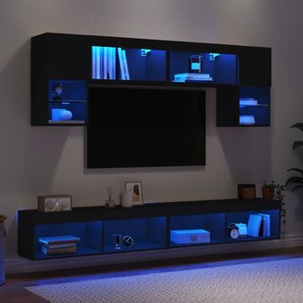 6-delige Tv-wandmeubelset met LED bewerkt hout zwart 4