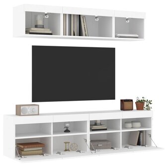 5-delige Tv-wandmeubelset met LED-verlichting bewerkt hout wit 1