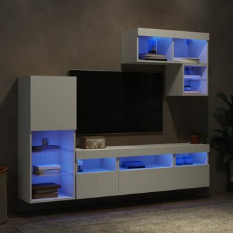 6-delige Tv-wandmeubelset met LED-verlichting bewerkt hout wit 5