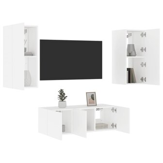 4-delige Tv-wandmeubelset met LED-verlichting bewerkt hout wit 1