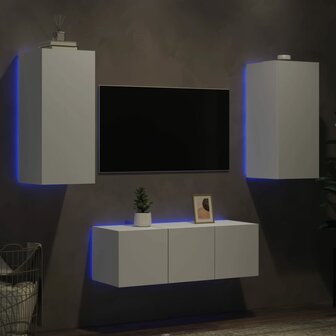 4-delige Tv-wandmeubelset met LED-verlichting bewerkt hout wit 4