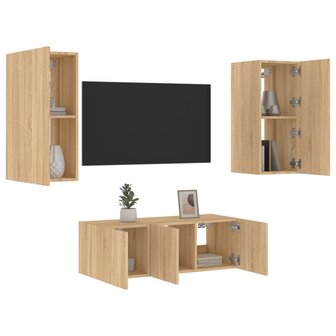 4-delige Tv-wandmeubelset met LED bewerkt hout sonoma eiken 1