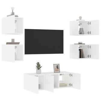 6-delige Tv-wandmeubelset met LED-verlichting bewerkt hout wit 1