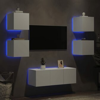 6-delige Tv-wandmeubelset met LED-verlichting bewerkt hout wit 4