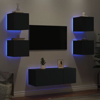 6-delige Tv-wandmeubelset met LED bewerkt hout zwart 4