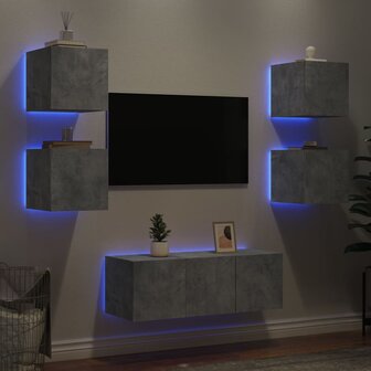 6-delige Tv-wandmeubelset met LED bewerkt hout betongrijs 4