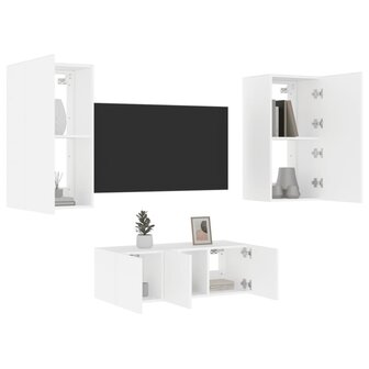 4-delige Tv-wandmeubelset met LED-verlichting bewerkt hout wit 1