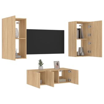 4-delige Tv-wandmeubelset met LED bewerkt hout sonoma eiken 1