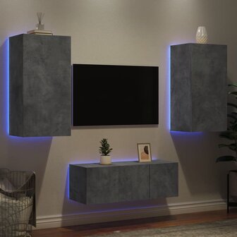 4-delige Tv-wandmeubelset met LED bewerkt hout betongrijs 4