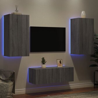 4-delige Tv-wandmeubelset met LED bewerkt hout grijs sonoma 4