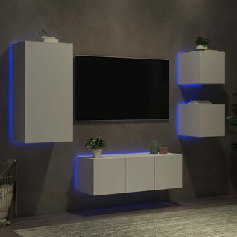 5-delige Tv-wandmeubelset met LED-verlichting bewerkt hout wit 4