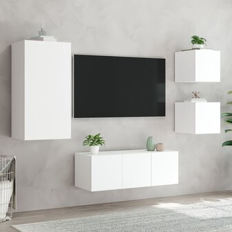 5-delige Tv-wandmeubelset met LED-verlichting bewerkt hout wit 5