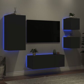 5-delige Tv-wandmeubelset met LED bewerkt hout zwart 4