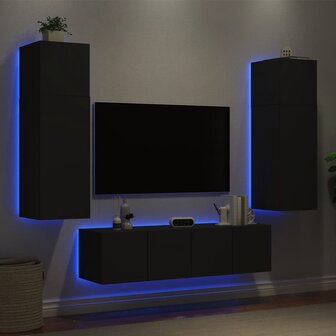 6-delige Tv-wandmeubelset met LED bewerkt hout zwart 4