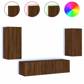 4-delige Tv-wandmeubelset met LED bewerkt hout bruineikenkleur 2