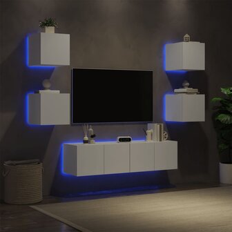 6-delige Tv-wandmeubelset met LED-verlichting bewerkt hout wit 4