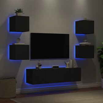 6-delige Tv-wandmeubelset met LED bewerkt hout zwart 4