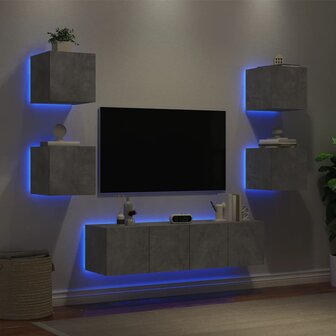 6-delige Tv-wandmeubelset met LED bewerkt hout betongrijs 4