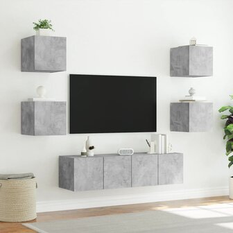 6-delige Tv-wandmeubelset met LED bewerkt hout betongrijs 5